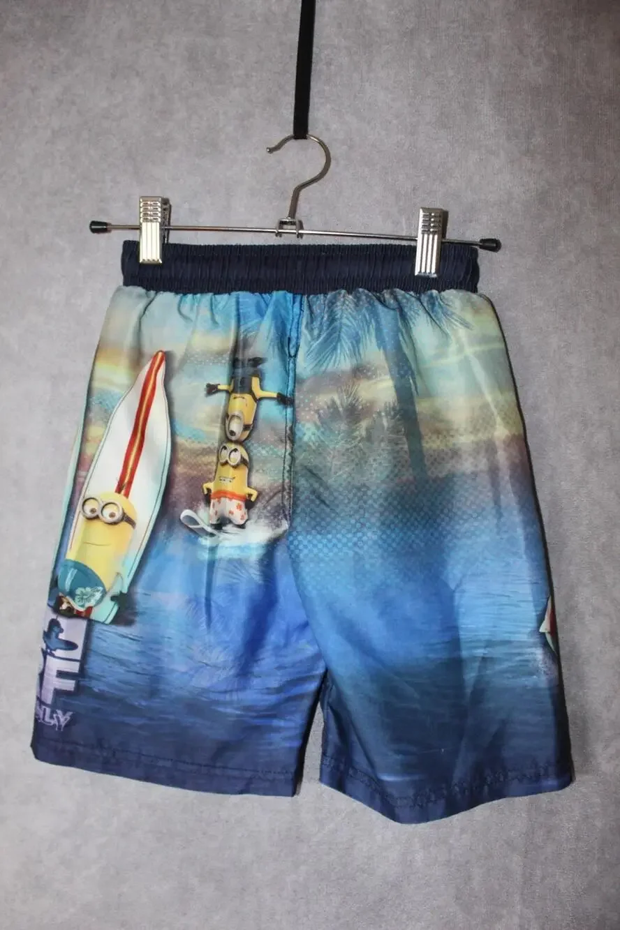 Disney Board Shorts Boys 7-8 Blue Minions Swim Trunks Elastic Waist Polyester